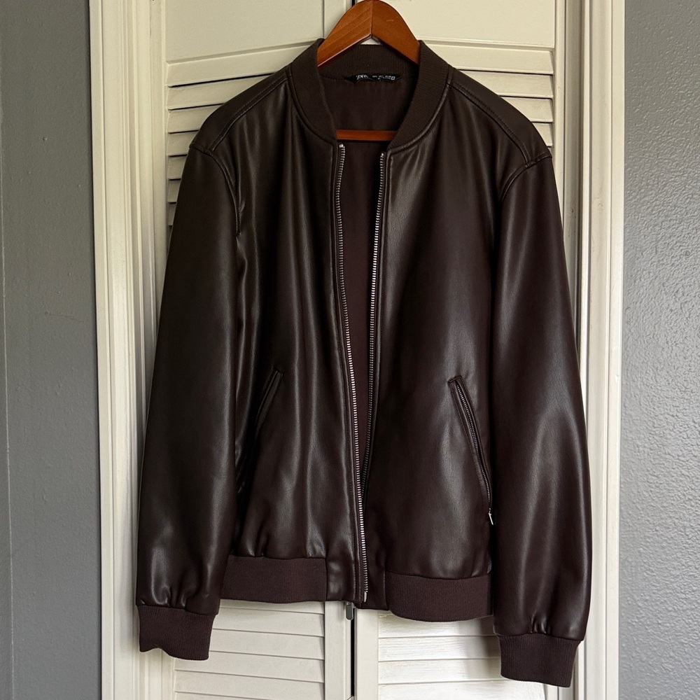 Zara Unisex Dark Brown Faux Leather Bomber Jacket